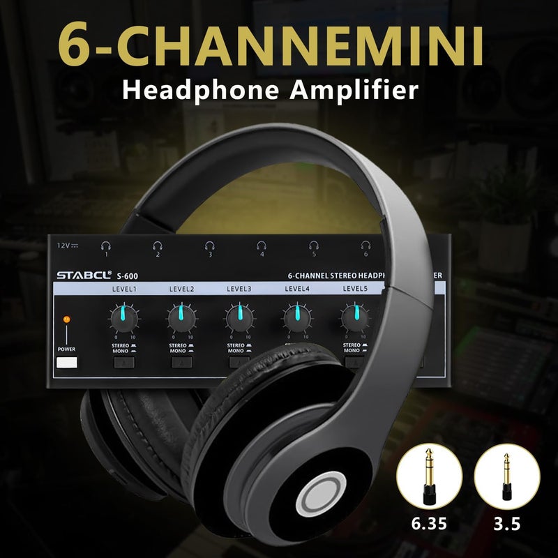 STABCL Headphone Amplifier 6 Channel, Stereo Headphone Amp with 3.5mm&6.35mm Input and Output, Metal Portable Studio Headphone Amp Splitter, Headphone Mixer with Mono and Stereo for Recording Studios - Image 5